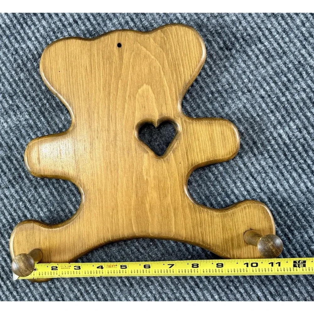 Vintage Wood Teddy Bear Wall Hook Rack Heart Cutout Nursery Decor Granny Cottage